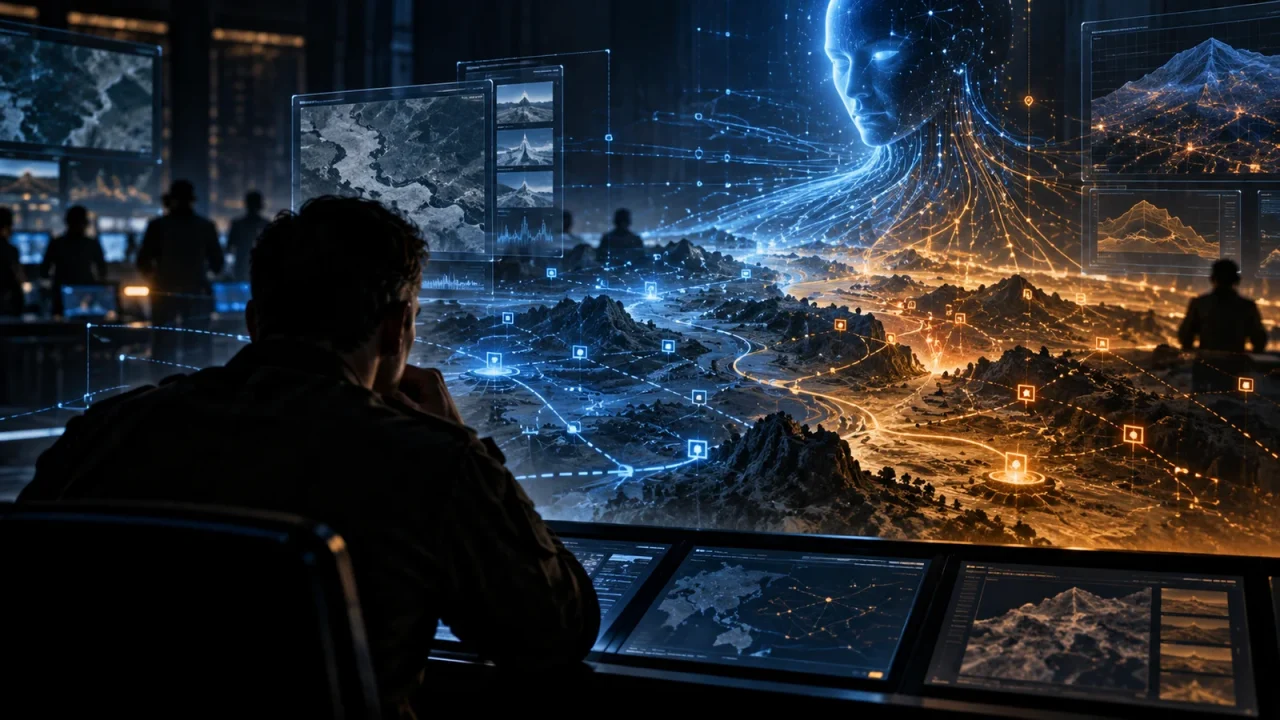 Human decision-maker reviewing an AI tactical interface in a command center