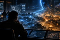 Human decision-maker reviewing an AI tactical interface in a command center