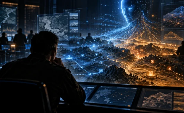 Human decision-maker reviewing an AI tactical interface in a command center
