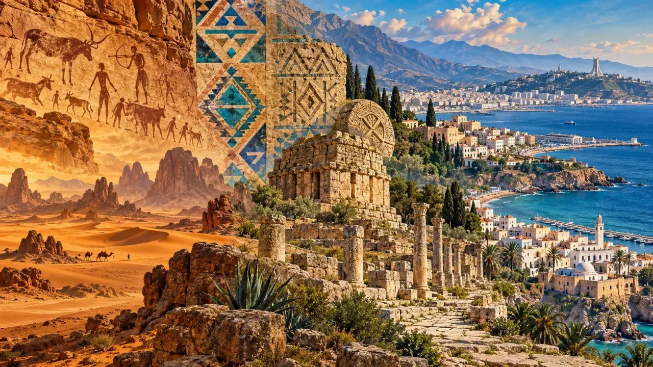 Editorial panorama combining Tassili rock art, Amazigh motifs, ancient North African architecture, Sahara, Mediterranean coast, and modern Algiers