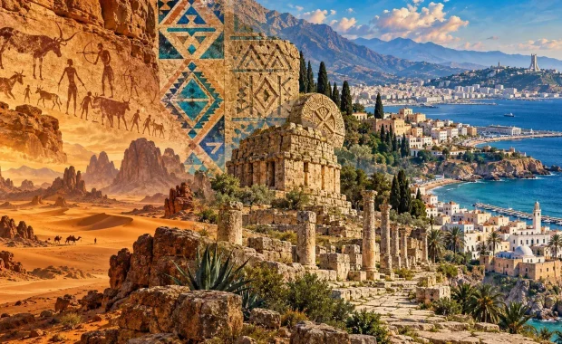 Editorial panorama combining Tassili rock art, Amazigh motifs, ancient North African architecture, Sahara, Mediterranean coast, and modern Algiers