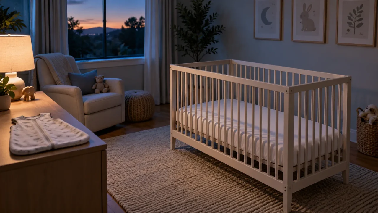 Empty crib with a firm flat mattress and fitted sheet only, with a nonweighted sleep sack outside the crib
