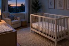 Empty crib with a firm flat mattress and fitted sheet only, with a nonweighted sleep sack outside the crib
