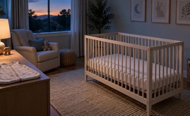 Empty crib with a firm flat mattress and fitted sheet only, with a nonweighted sleep sack outside the crib