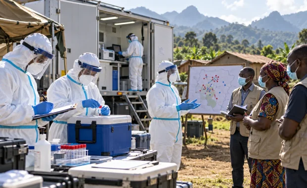Public health workers in protective equipment coordinating an Ebola outbreak response