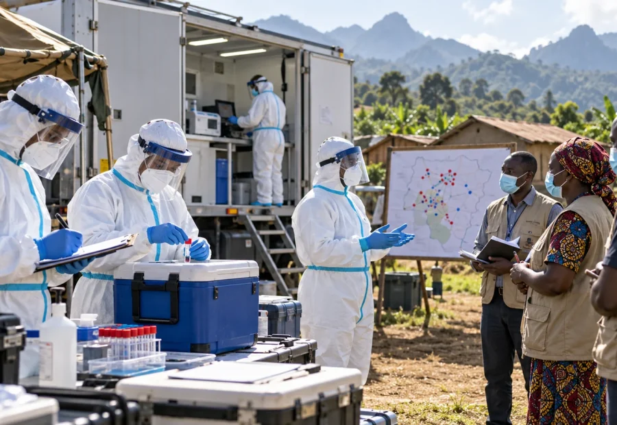 Public health workers in protective equipment coordinating an Ebola outbreak response