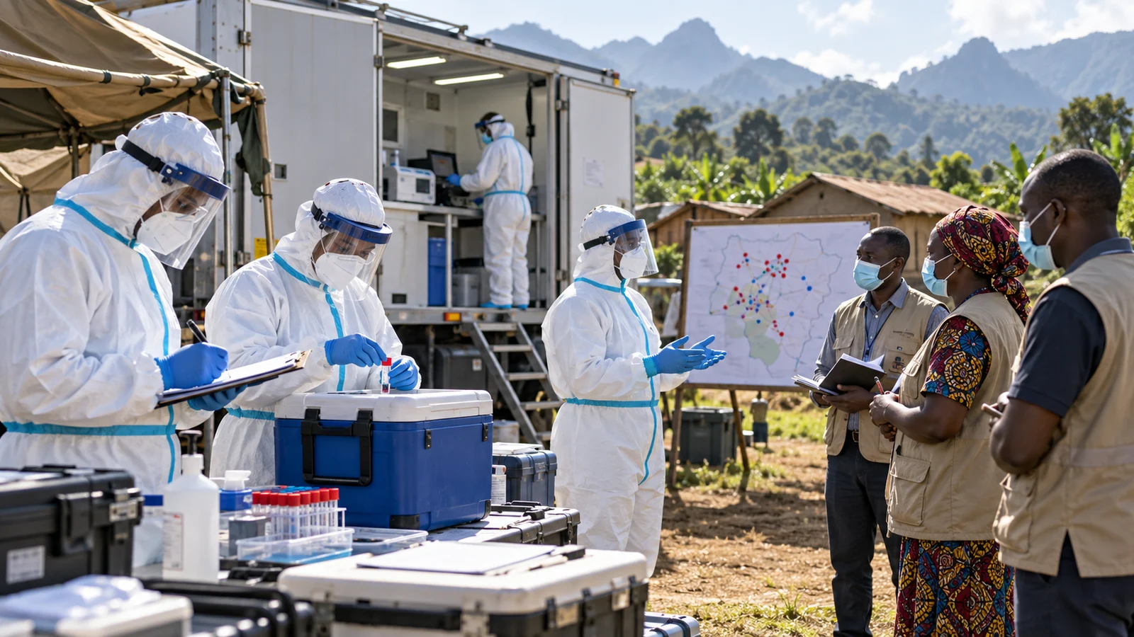 Public health workers in protective equipment coordinating an Ebola outbreak response