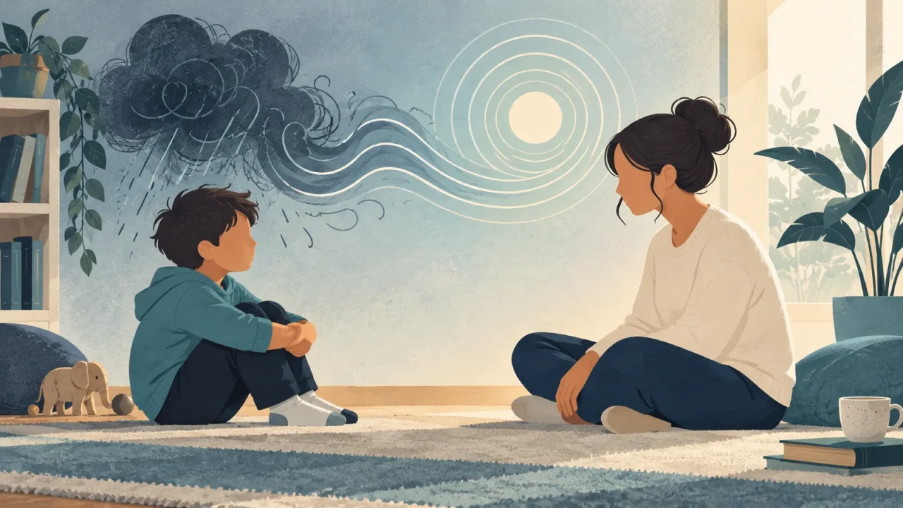 Editorial illustration of a caregiver listening calmly to an upset child as a storm motif settles into calm lines