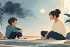 Editorial illustration of a caregiver listening calmly to an upset child as a storm motif settles into calm lines