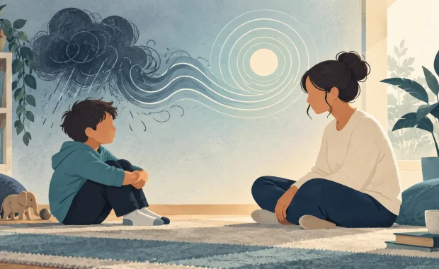 Editorial illustration of a caregiver listening calmly to an upset child as a storm motif settles into calm lines