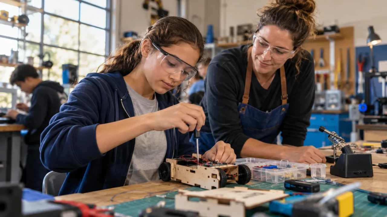 Teenage girl building an electronics project at a workshop with a female mentor nearby
