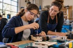 Teenage girl building an electronics project at a workshop with a female mentor nearby