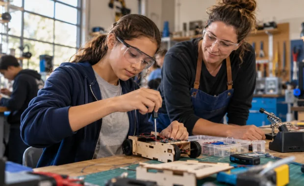 Teenage girl building an electronics project at a workshop with a female mentor nearby
