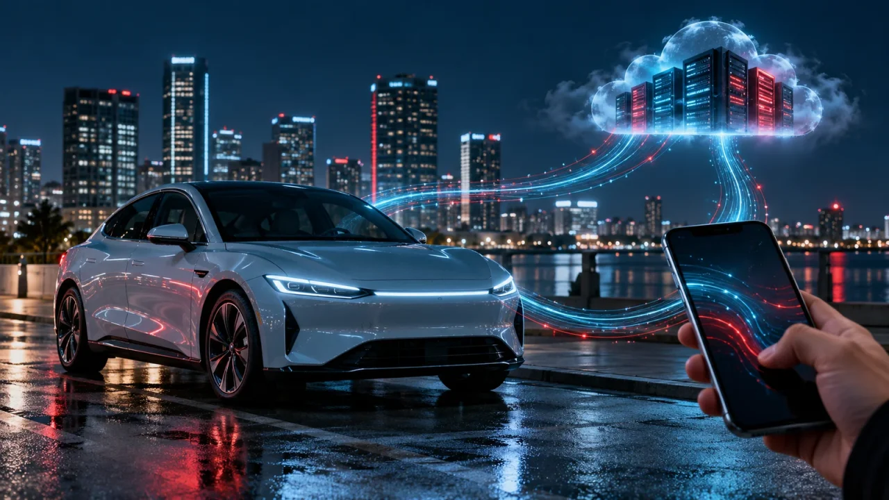 Connected electric car linked to a smartphone app and cloud infrastructure