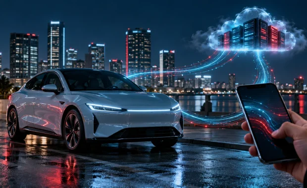 Connected electric car linked to a smartphone app and cloud infrastructure