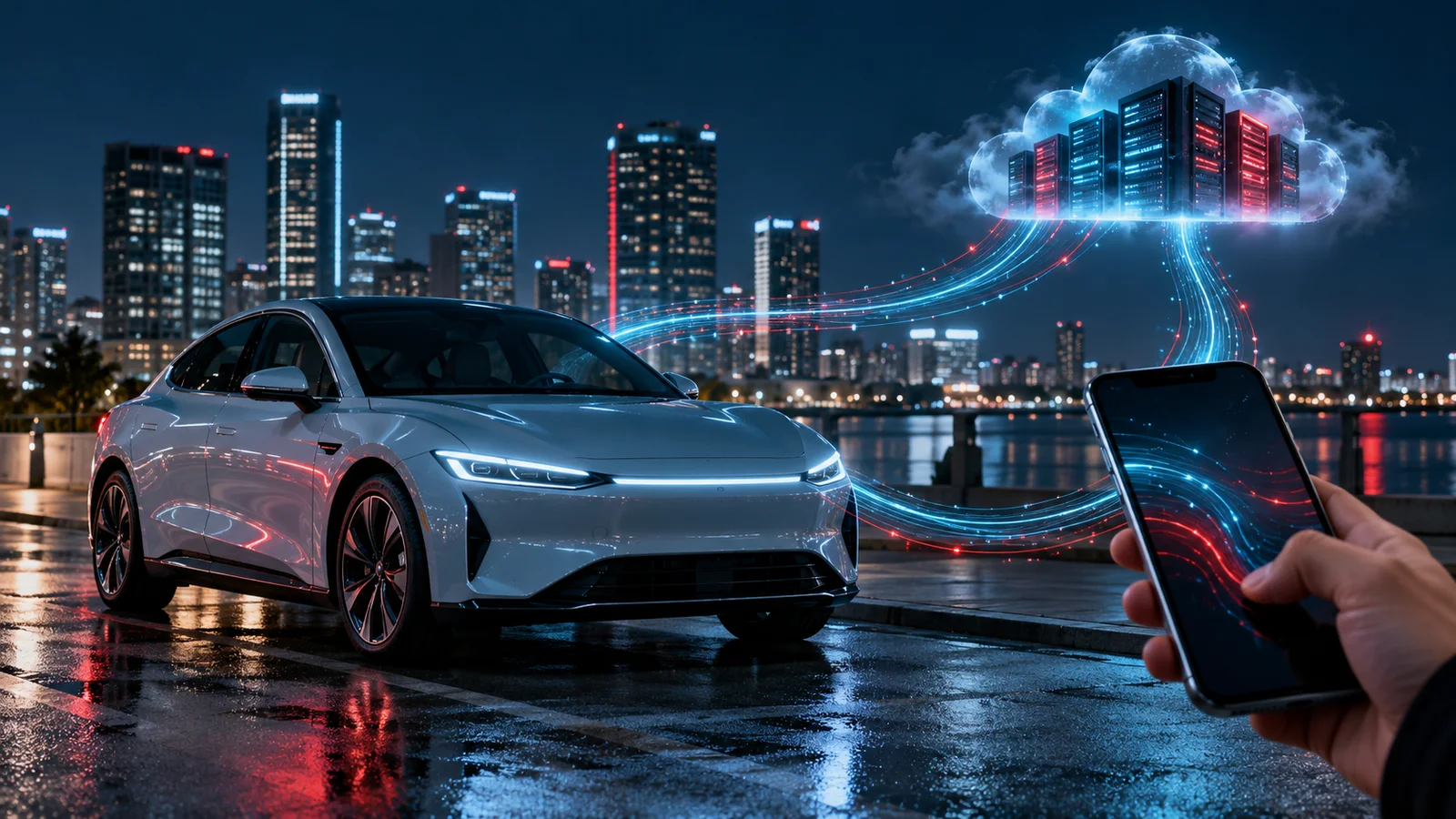 Connected electric car linked to a smartphone app and cloud infrastructure