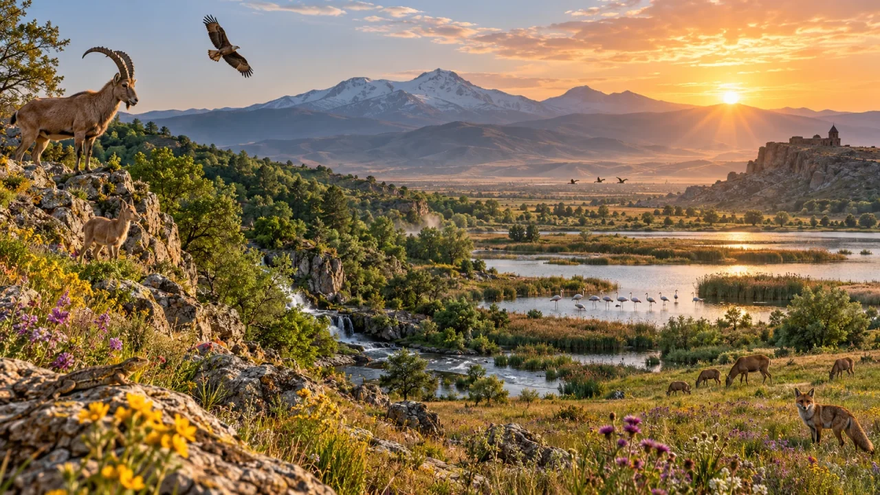 Diverse Armenian mountain, forest, wetland and grassland ecosystems at sunrise