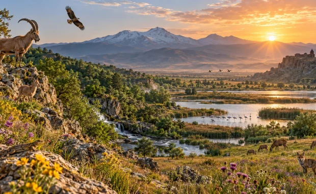 Diverse Armenian mountain, forest, wetland and grassland ecosystems at sunrise