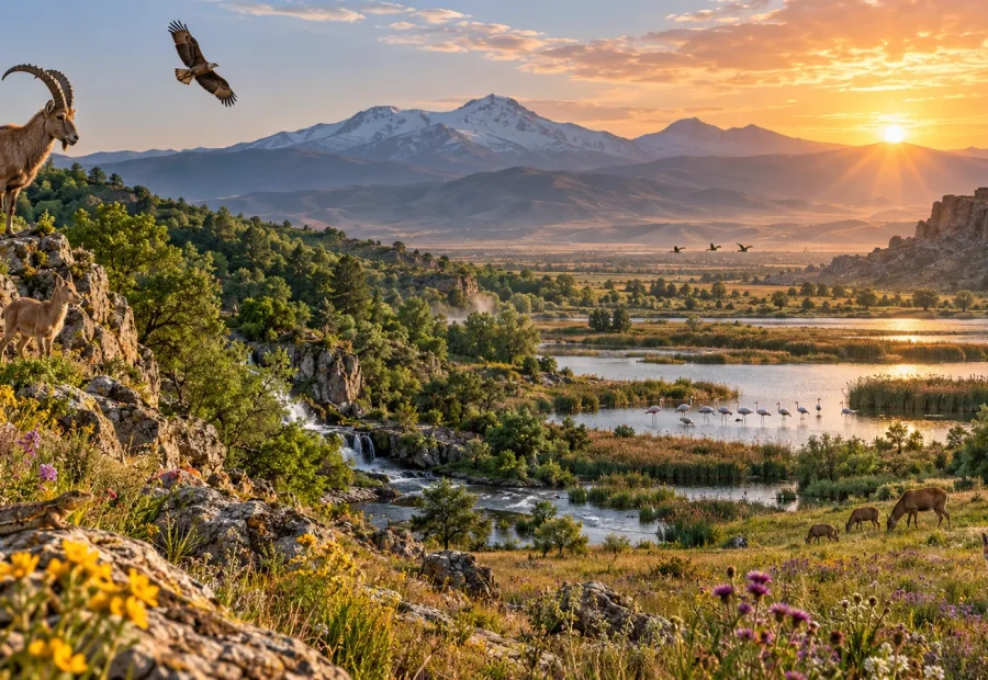 Diverse Armenian mountain, forest, wetland and grassland ecosystems at sunrise