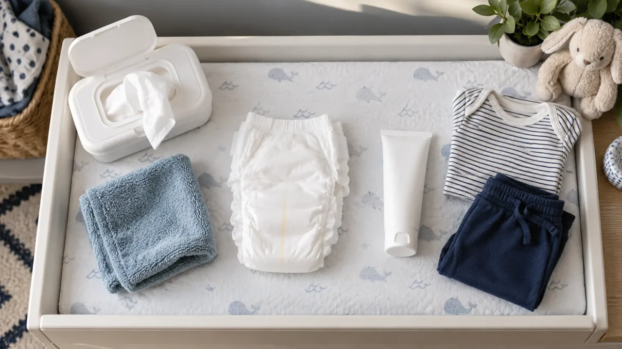 Disposable diaper, fragrance-free wipes, barrier cream, washcloth, and clean baby clothes on a changing station