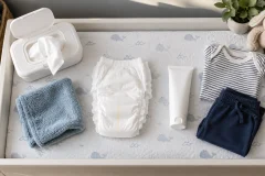 Disposable diaper, fragrance-free wipes, barrier cream, washcloth, and clean baby clothes on a changing station