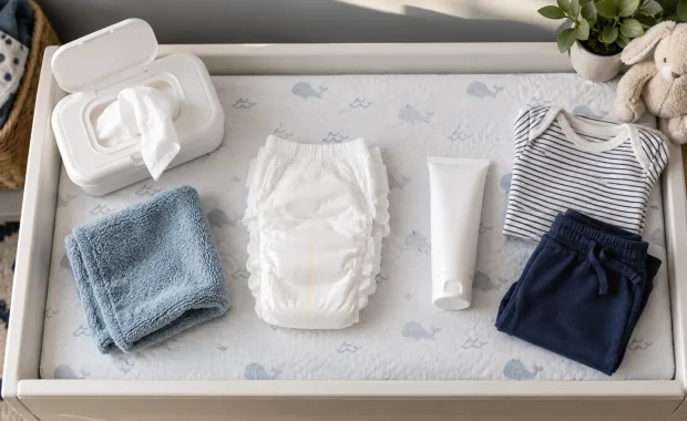 Disposable diaper, fragrance-free wipes, barrier cream, washcloth, and clean baby clothes on a changing station