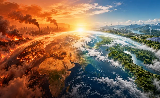 Climate transition from extreme warming and pollution to clean energy and restored landscapes