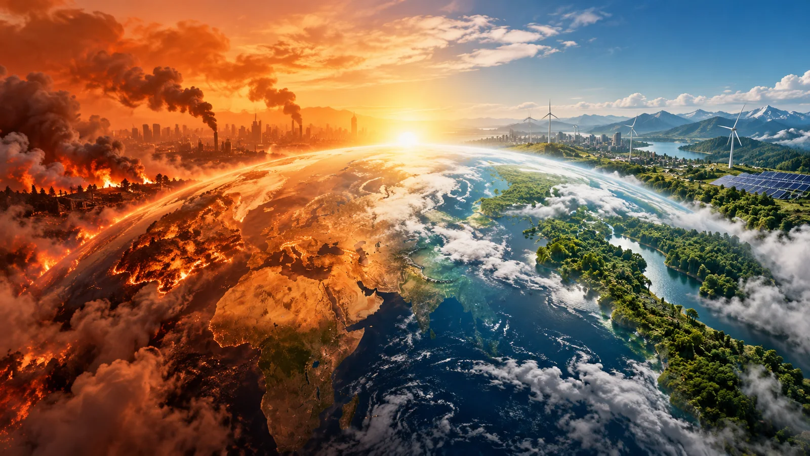 Climate transition from extreme warming and pollution to clean energy and restored landscapes