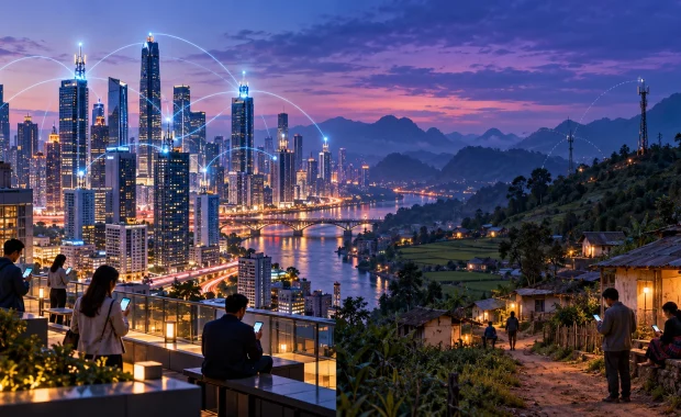 Connected smart city beside a rural community with sparse mobile coverage