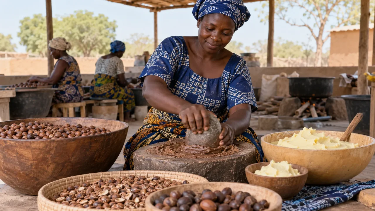 Adult artisan processing shea kernels at a cooperative workspace with kernels and finished shea butter