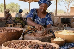 Adult artisan processing shea kernels at a cooperative workspace with kernels and finished shea butter