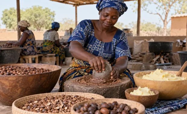 Adult artisan processing shea kernels at a cooperative workspace with kernels and finished shea butter