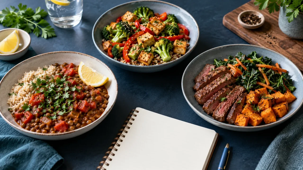 Three balanced iron-rich meals featuring lentils, tofu, vegetables, and lean beef