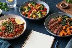 Three balanced iron-rich meals featuring lentils, tofu, vegetables, and lean beef