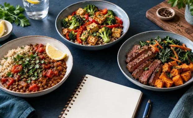 Three balanced iron-rich meals featuring lentils, tofu, vegetables, and lean beef