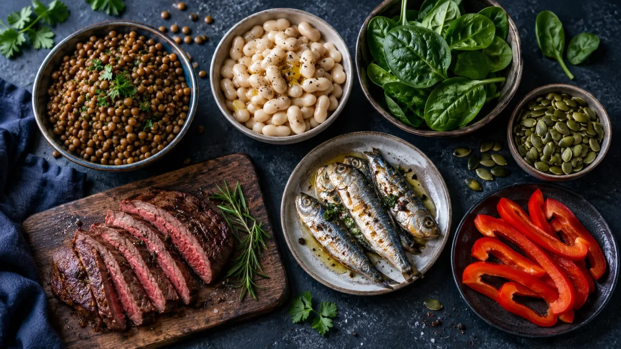 Iron-rich foods including lentils, white beans, spinach, pumpkin seeds, sardines, beef, and red pepper
