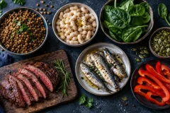 Iron-rich foods including lentils, white beans, spinach, pumpkin seeds, sardines, beef, and red pepper