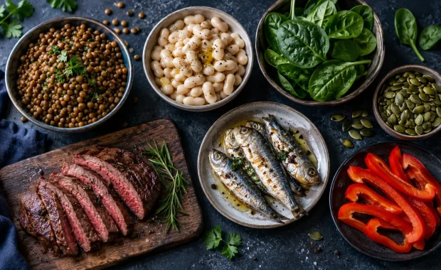 Iron-rich foods including lentils, white beans, spinach, pumpkin seeds, sardines, beef, and red pepper