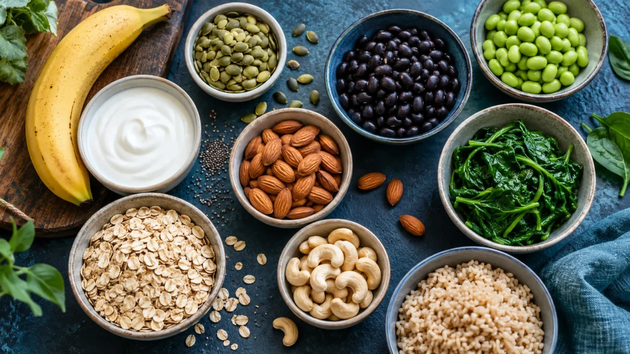Pumpkin seeds, beans, edamame, spinach, almonds, cashews, oats, brown rice, yogurt, and banana