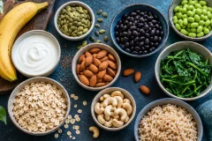 Pumpkin seeds, beans, edamame, spinach, almonds, cashews, oats, brown rice, yogurt, and banana