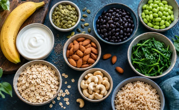 Pumpkin seeds, beans, edamame, spinach, almonds, cashews, oats, brown rice, yogurt, and banana