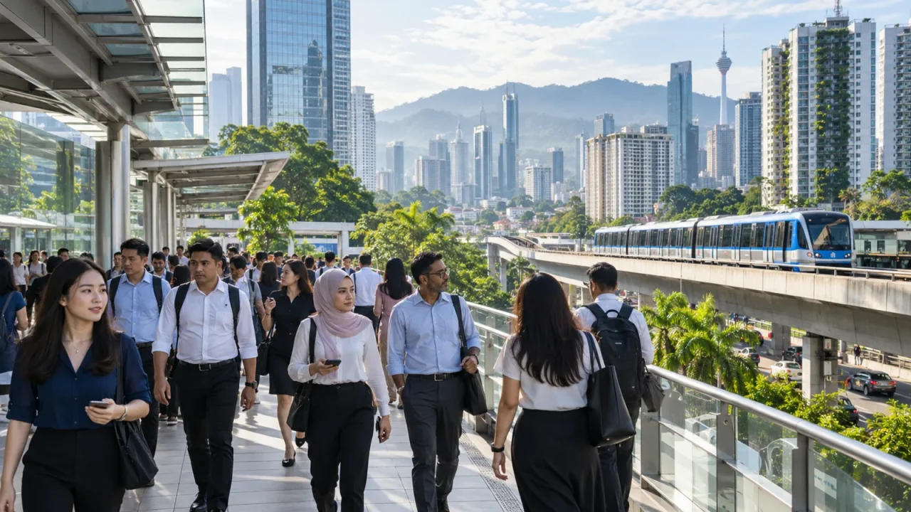 Diverse adult commuters in a modern Malaysian city with elevated rail, housing, offices, tropical greenery, and hills