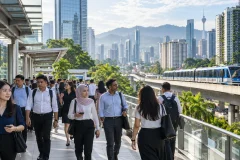 Diverse adult commuters in a modern Malaysian city with elevated rail, housing, offices, tropical greenery, and hills