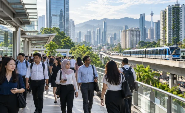 Diverse adult commuters in a modern Malaysian city with elevated rail, housing, offices, tropical greenery, and hills