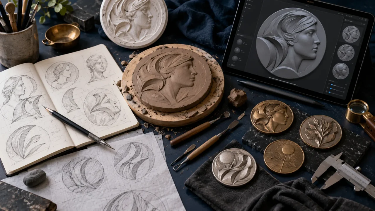 Medallic artist workspace with sketches, clay relief, digital sculpting tools, calipers, and original medal proofs