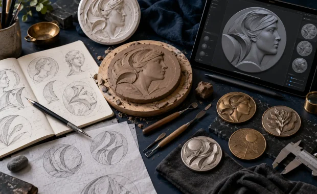 Medallic artist workspace with sketches, clay relief, digital sculpting tools, calipers, and original medal proofs