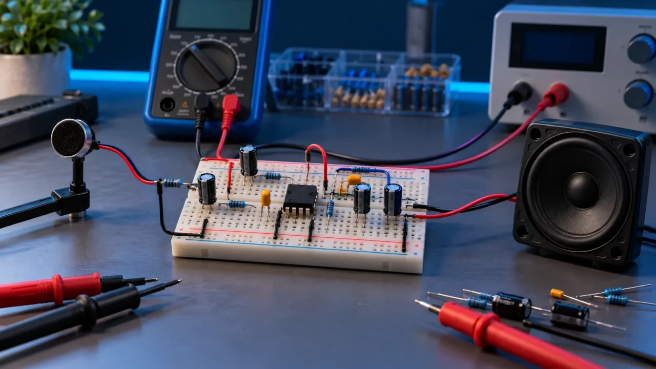Visible electret microphone preamplifier on a breadboard with test equipment and a powered speaker