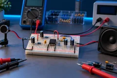 Visible electret microphone preamplifier on a breadboard with test equipment and a powered speaker