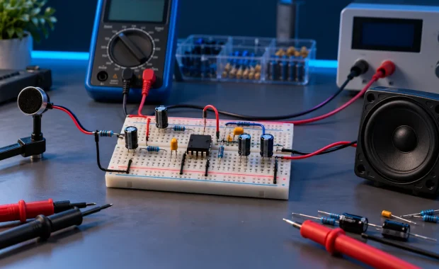 Visible electret microphone preamplifier on a breadboard with test equipment and a powered speaker