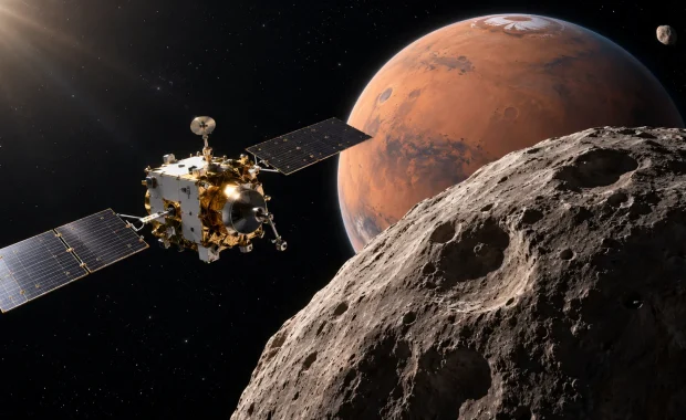 MMX mission spacecraft approaching Phobos with Mars in the background